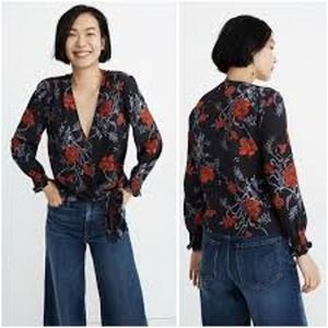 Madewell Silk Smocked Sleeve Wrap Top in Blue